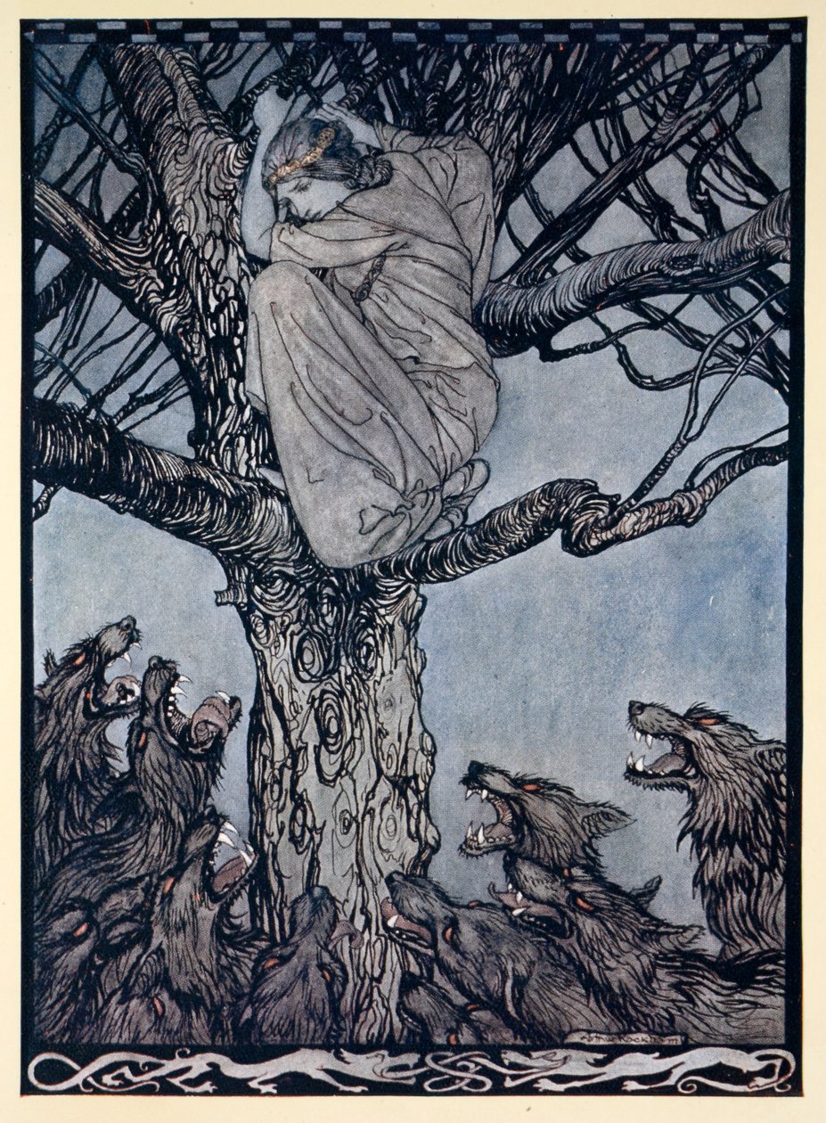 S hněvivým žalem se podívala na napínavou a vrčící hordu dole, ilustrace z 