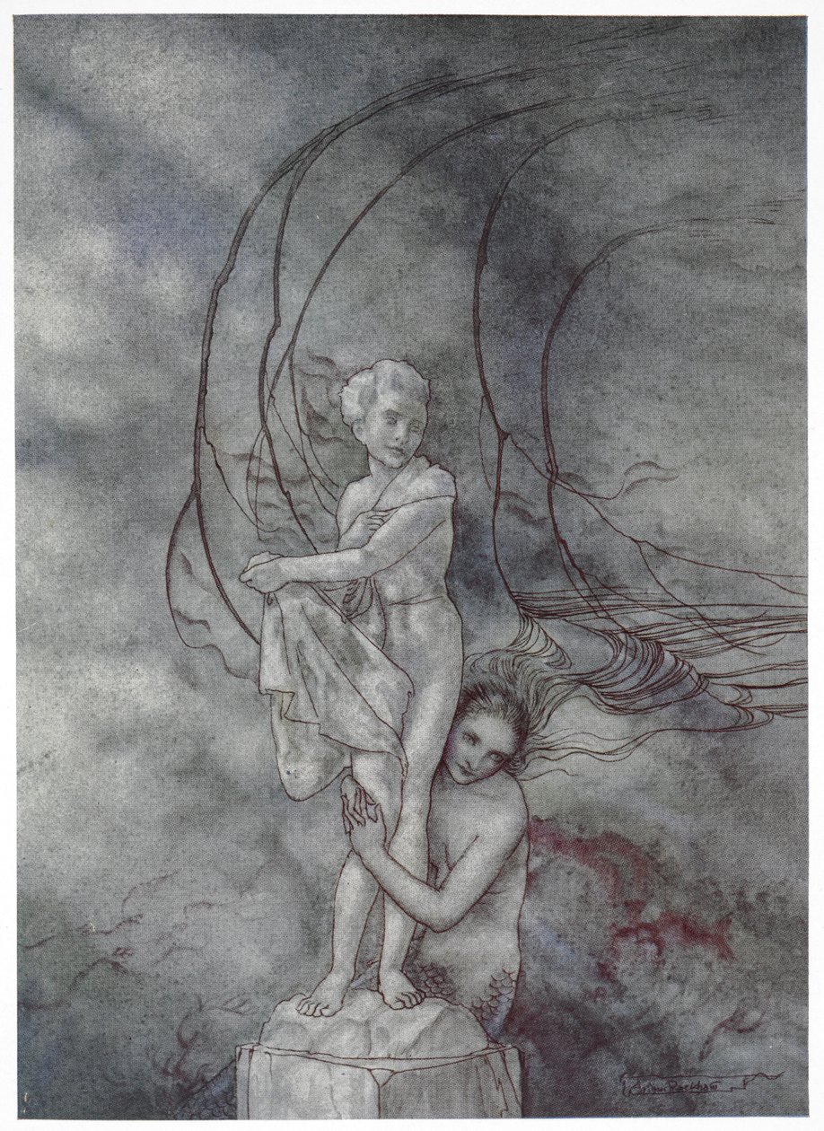 "Objala pažemi mramorovou postavu, která byla tak podobná princi." Ilustrace k příběhu „Malá mořská víla“. od Arthur Rackham