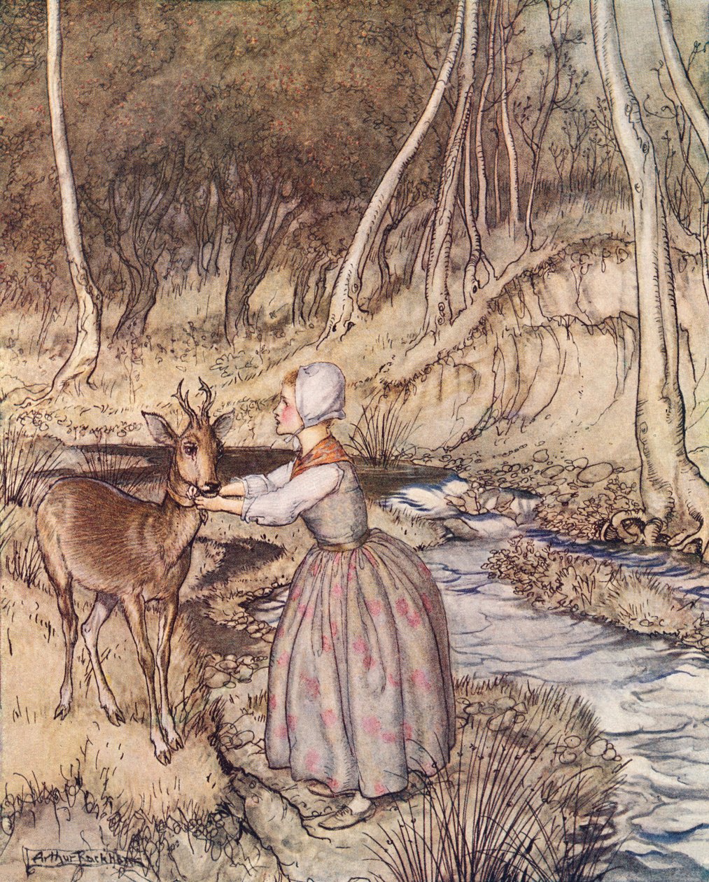 Sundala si zlatý podvazek a dala ho srnci kolem krku. Ilustrace Arthura Rackhama z Grimm