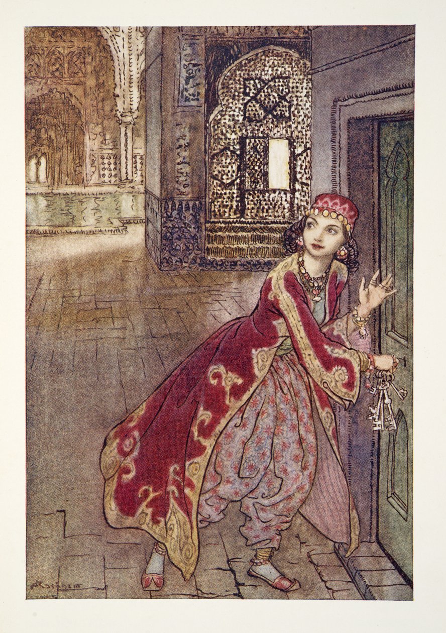 Vzala si malý klíček a roztřesená otevřela dveře od hospody The Arthur Rackham Fairy Book. 1933 od Arthur Rackham