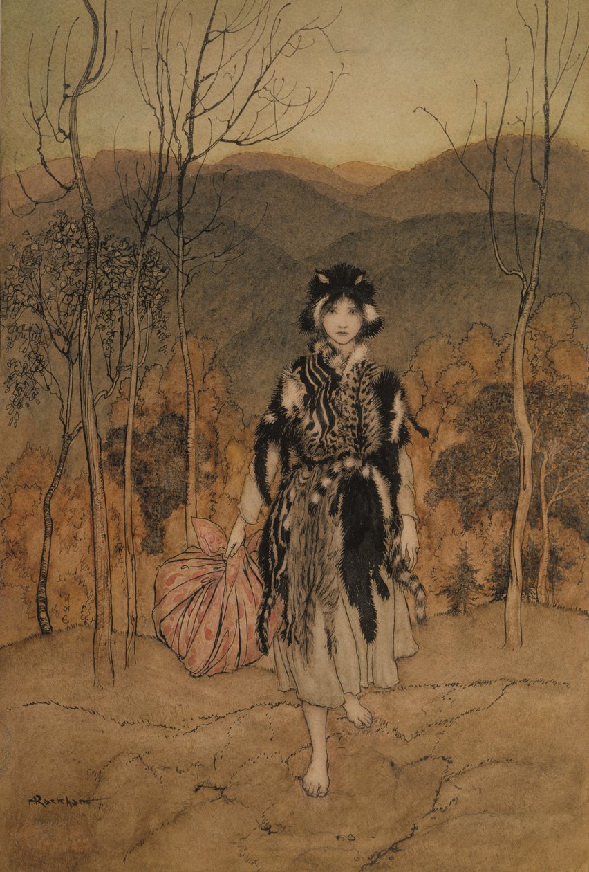 Šla a chodila a chodila oblečená v kočičí kůži, ilustrace z anglických pohádek převyprávěných F.A. Steelem, vydané v roce 1918 (pero a inkoust & wc na papíře) od Arthur Rackham