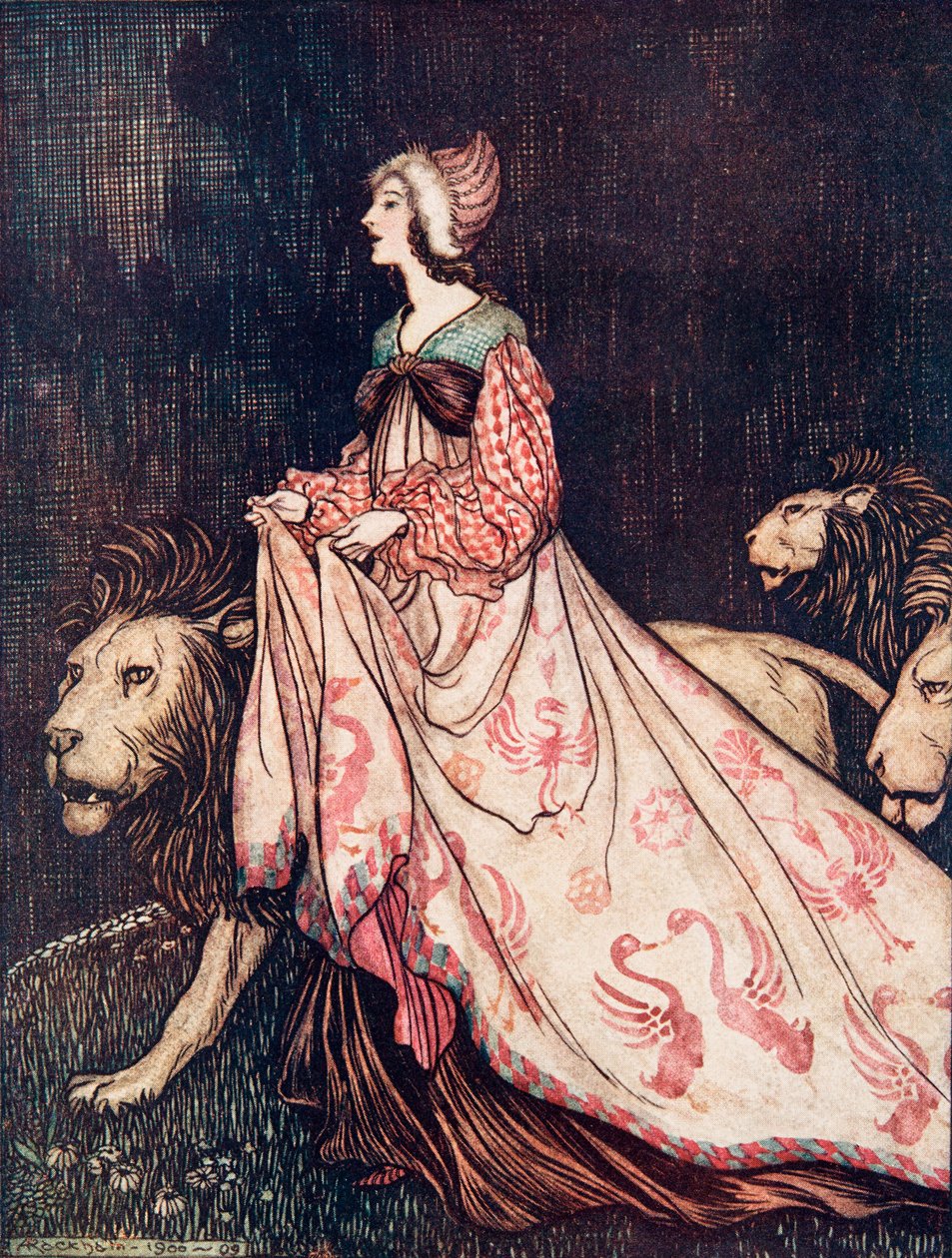 Odešla v doprovodu lvů z hospody Pohádky bratří Grimmů. 1909 od Arthur Rackham