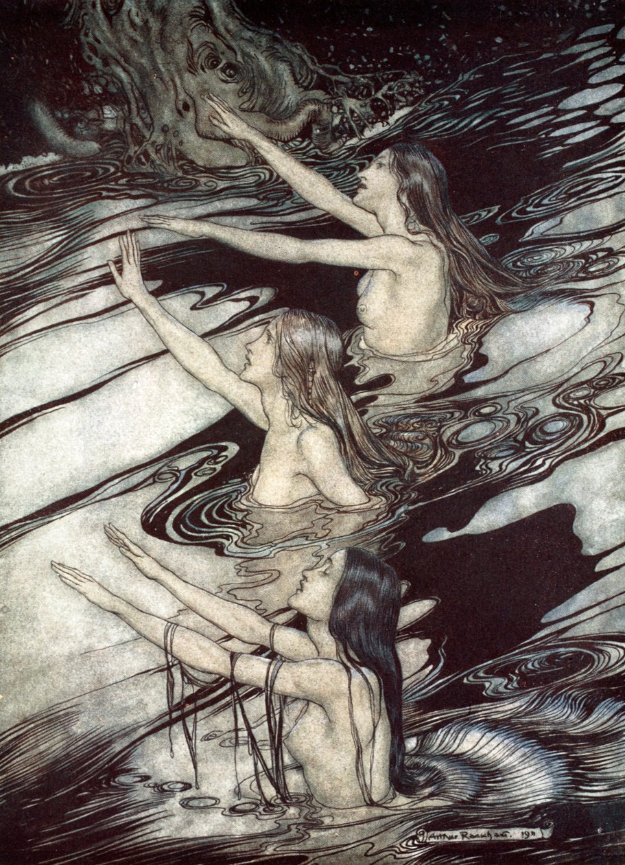 „Siegfriede! Siegfriede! Naše varování je pravdivé: utíkej, utíkej před kletbou!“, 1924. od Arthur Rackham