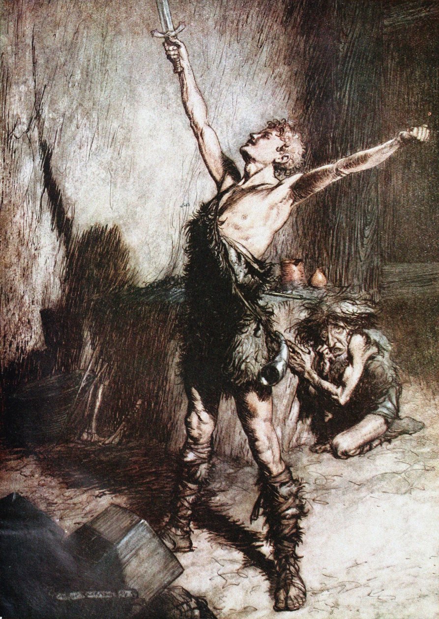 Siegfried kuje svůj meč. Ilustrace k Siegfriedovi a Soumraku bohů od Richarda Waga od Arthur Rackham