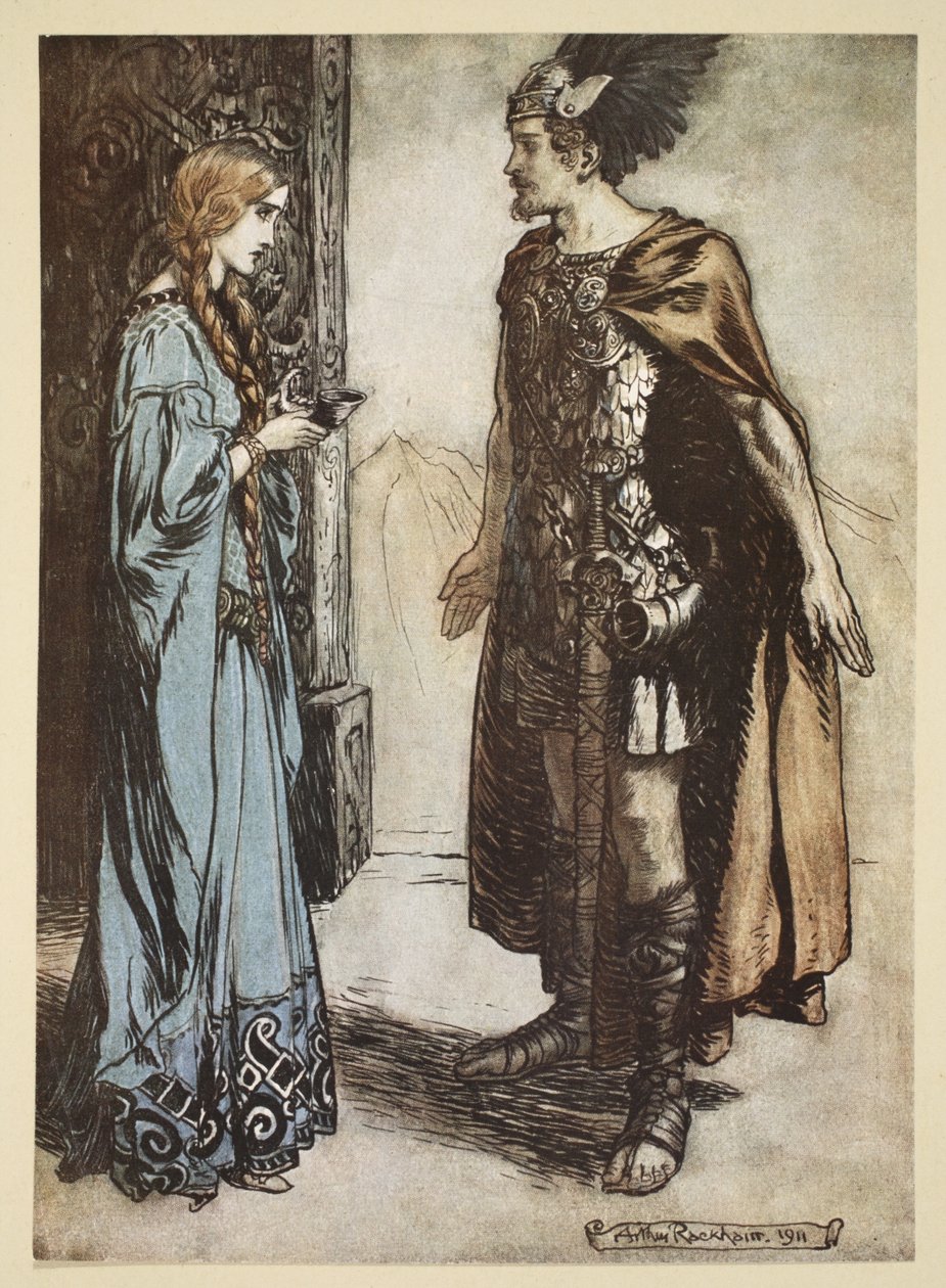 Siegfried vrací Gutrune roh a náhle na ni vášnivě pohlédne, ilustrace z filmu "Siegfried a soumrak bohů", 1924. od Arthur Rackham