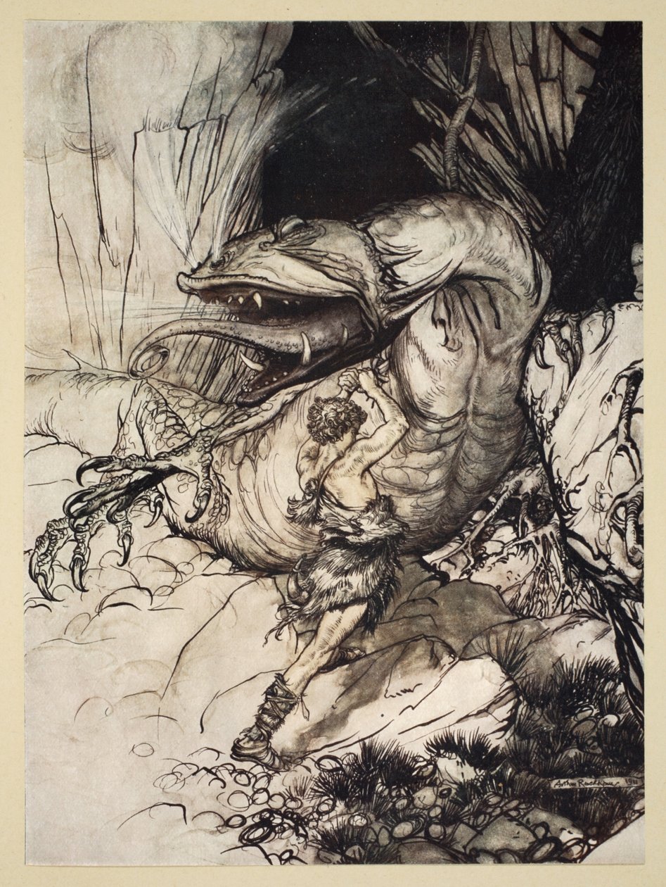Siegfried zabíjí Fafnera, ilustrace z 