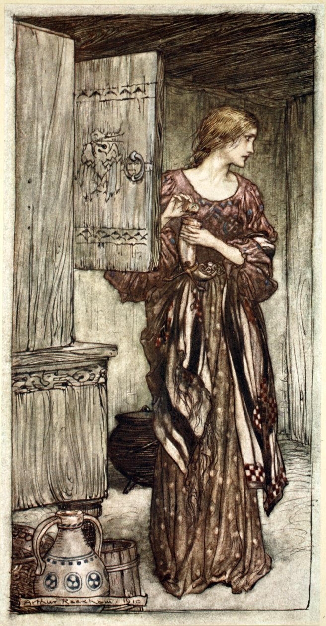 „Sieglinde připravuje Hundingův návrh na noc“, 1910. od Arthur Rackham