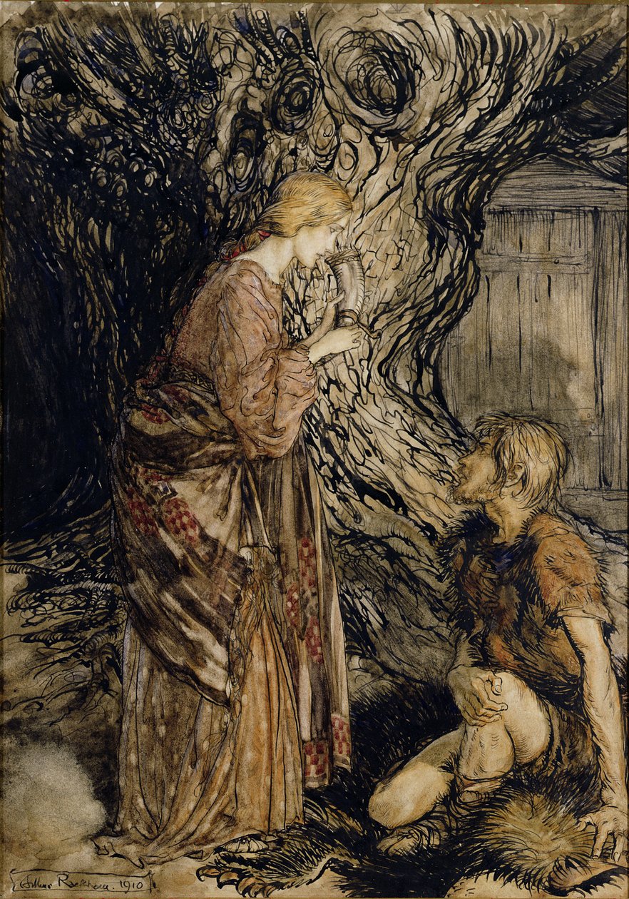 Siegmund a Sieglinde, Ilustrace z Rhinegold and the Valkyrie od Richarda Wagnera, Heinemann, 1910 (pero a inkoust s wc na papíře) od Arthur Rackham
