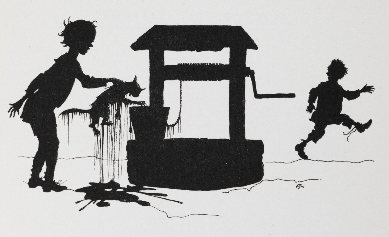 Silueta chlapce vytahujícího kočku ze studny. od Arthur Rackham