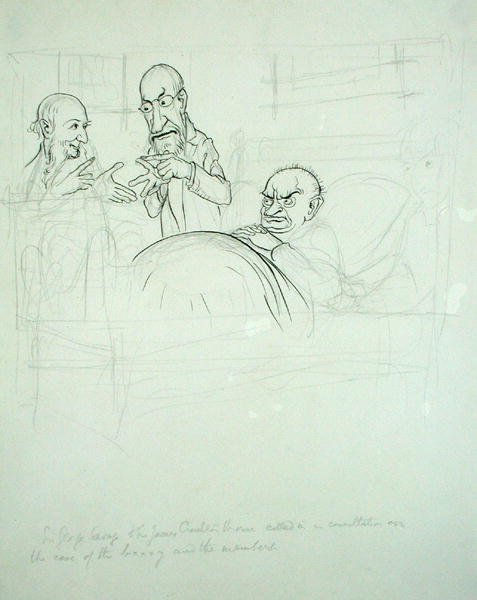 Sir George Savage a Sir James Crichton Browne (1840-1937) konzultovali případ BXXXY a členů (pero, inkoust a tužka na papíře) od Arthur Rackham