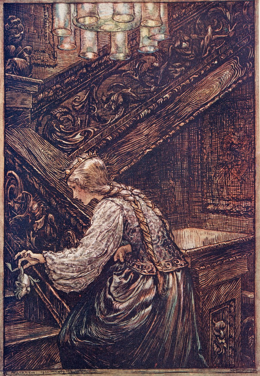 Uchopila ho tedy dvěma prsty a odnesla ho nahoru..., z hospody Pohádky bratří Grimmů. 1909 od Arthur Rackham