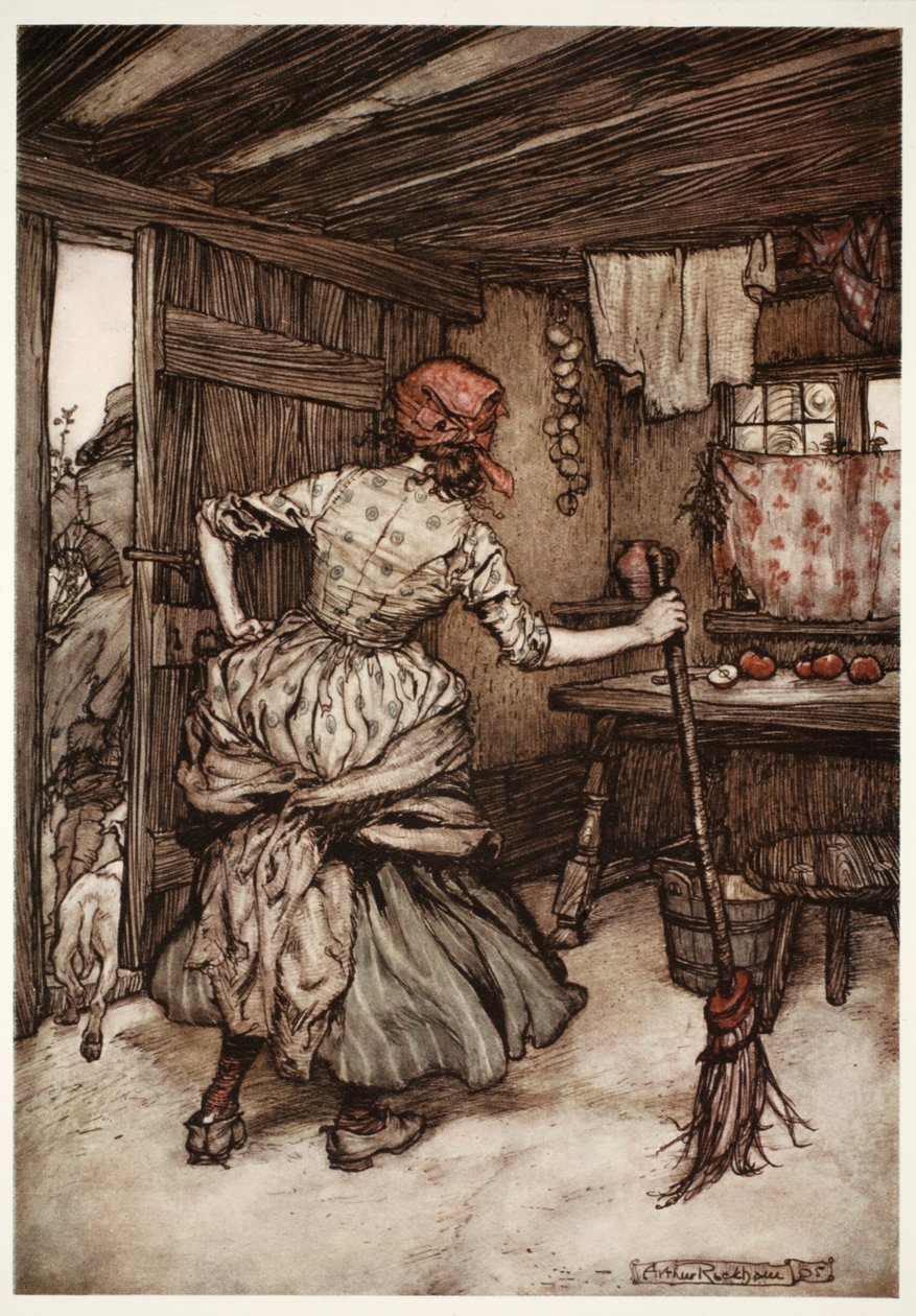 Tak, že byl fain stáhnout své síly a vyrazit ven z domu - jediná strana, která ve skutečnosti patří slepice klovaný manžel., z Rip Van Winkle, Washington Irving, hospoda. 1910 ( od Arthur Rackham