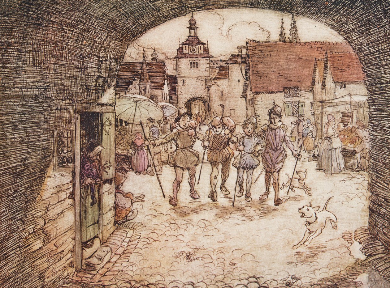 Čtyři bratři tedy vzali do rukou své hole, rozloučili se s otcem a vyšli z městské brány, z Pohádek bratří Grimmů, nakl. 1909 od Arthur Rackham