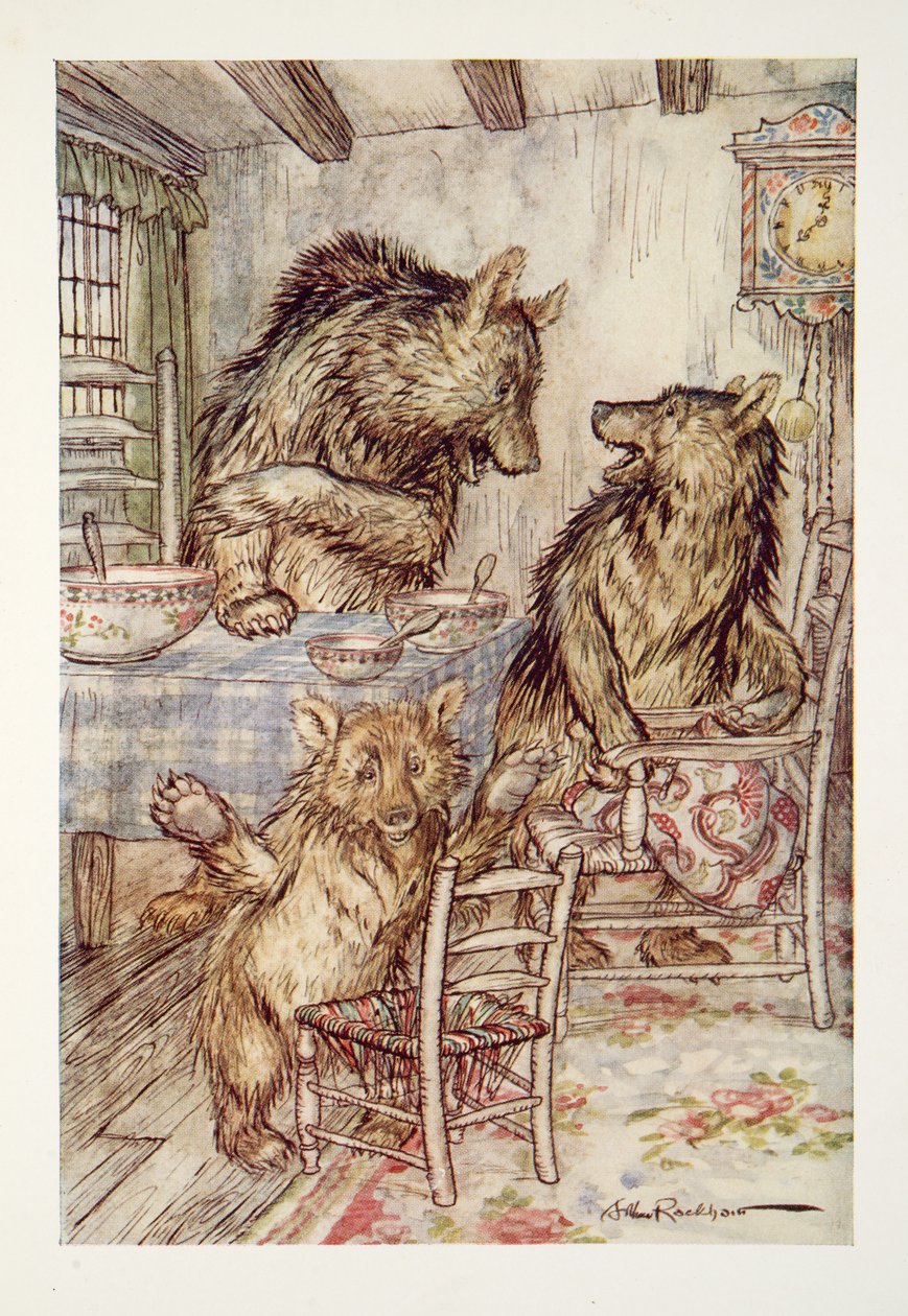 Někdo si sedl na mou židli a vyseděl mi z ní zadek! řekl Malý, Malý, Malý medvídek z Pohádkové knížky Arthura Rackhama, pub. 1933 od Arthur Rackham