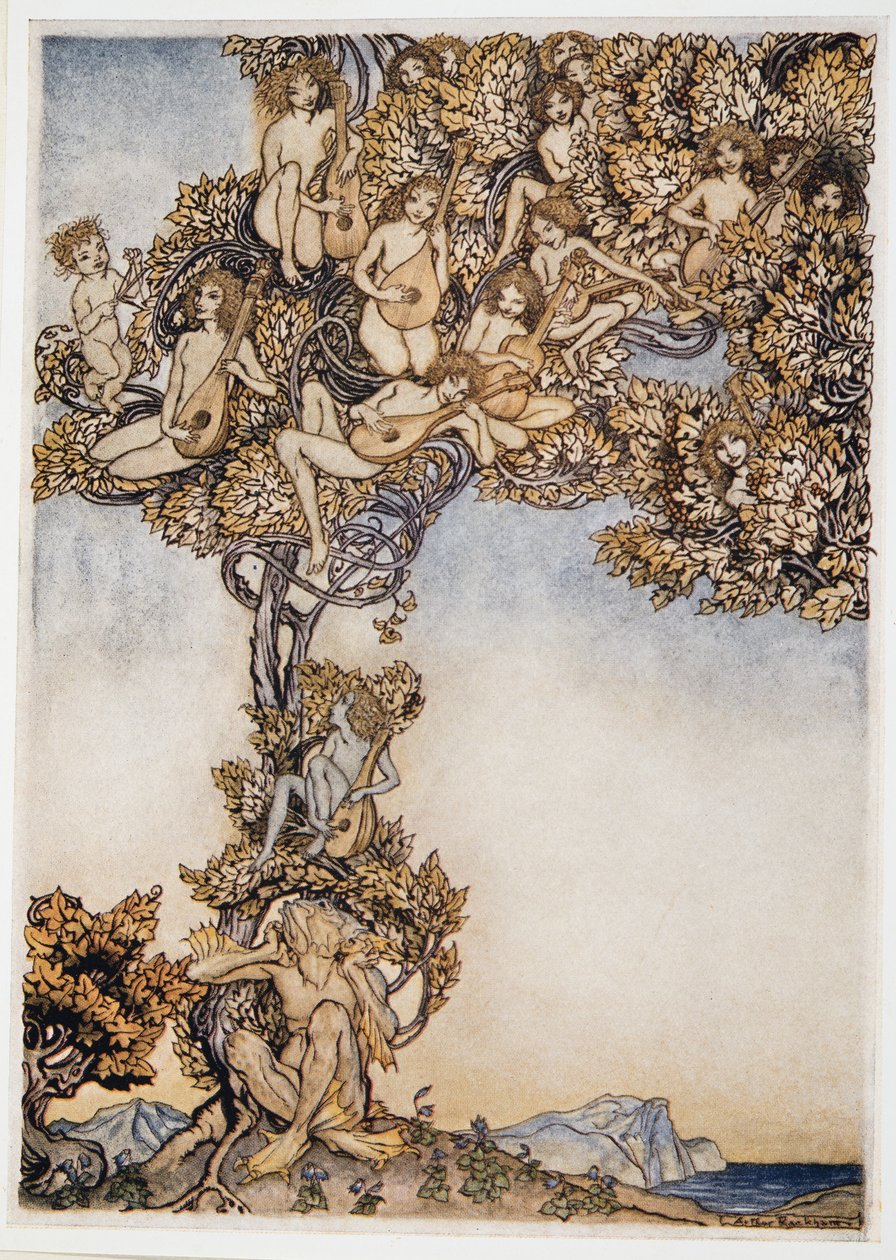 Někdy v mých uších bude hučet tisíc cinkajících nástrojů, ilustrace z The Bouře od Williama Shakespeara, hospoda. 1926 od Arthur Rackham