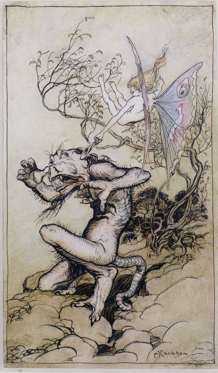 Sprite and Monster, ilustrace z Tales from Shakespeare od Charlese (1775-1834) a Mary Lamb (1764-1847) 1909 (pero a inkoust, wc) od Arthur Rackham