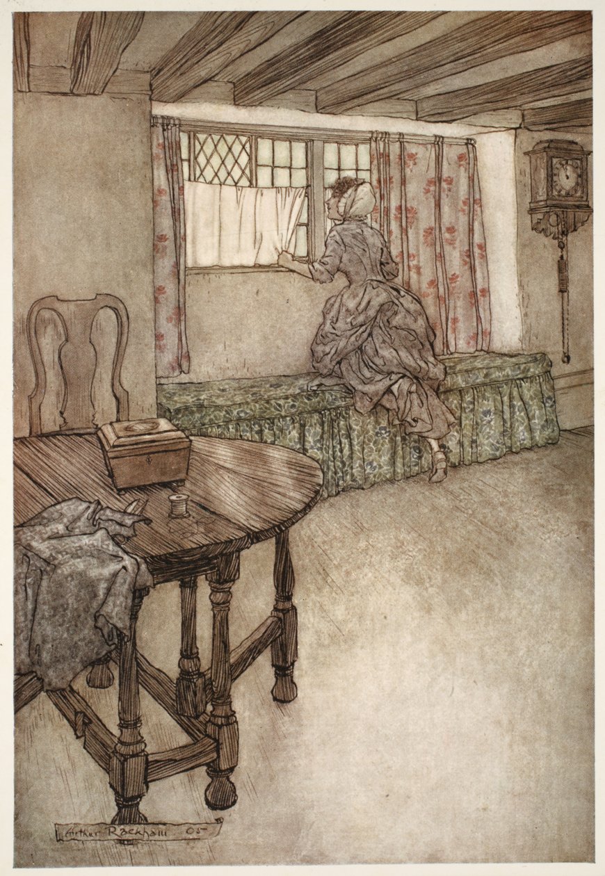 Za dveřmi byla podivná jména - podivné tváře v oknech - všechno bylo divné., od Ripa Van Winkla od Washington Irving, hospoda. 1910 od Arthur Rackham