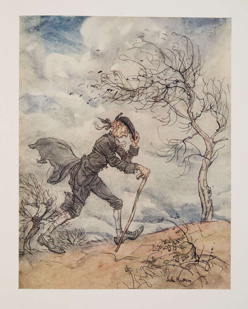 Krokování po profilu kopce za větrného dne..., z Legendy o ospalé prohlubni od Washingtona Irvinga (1783 - 1859), hospoda. 1928 od Arthur Rackham