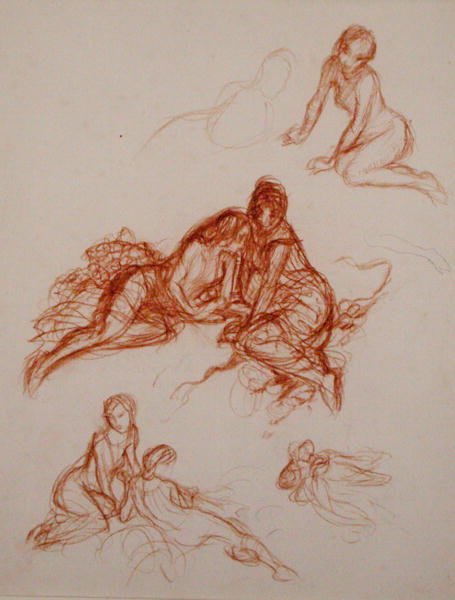 Studie dívek sedících na trávě (sangvinik na papíře) od Arthur Rackham