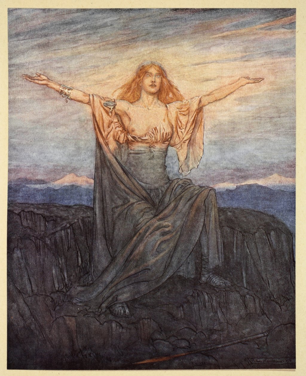 „Slunce, zdravím tě! Zdrávas, ó světlo! Zdrávas, ó slavný den!“, ilustrace z „Siegfried a soumrak bohů“, 1924 od Arthur Rackham