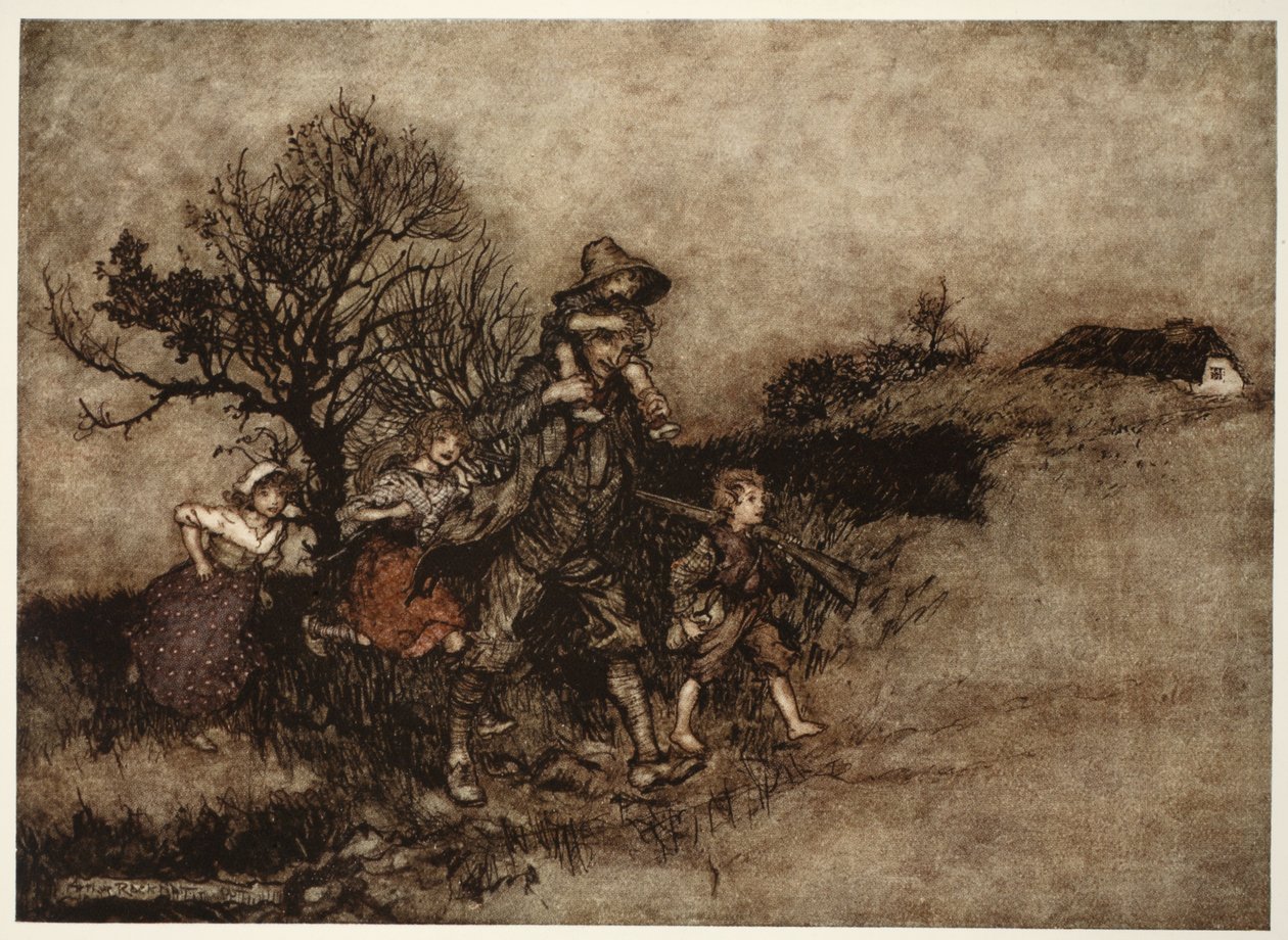 Obklopen tlupou dětí., od Rip Van Winkle od Washingtona Irvinga, hospoda. 1910 od Arthur Rackham