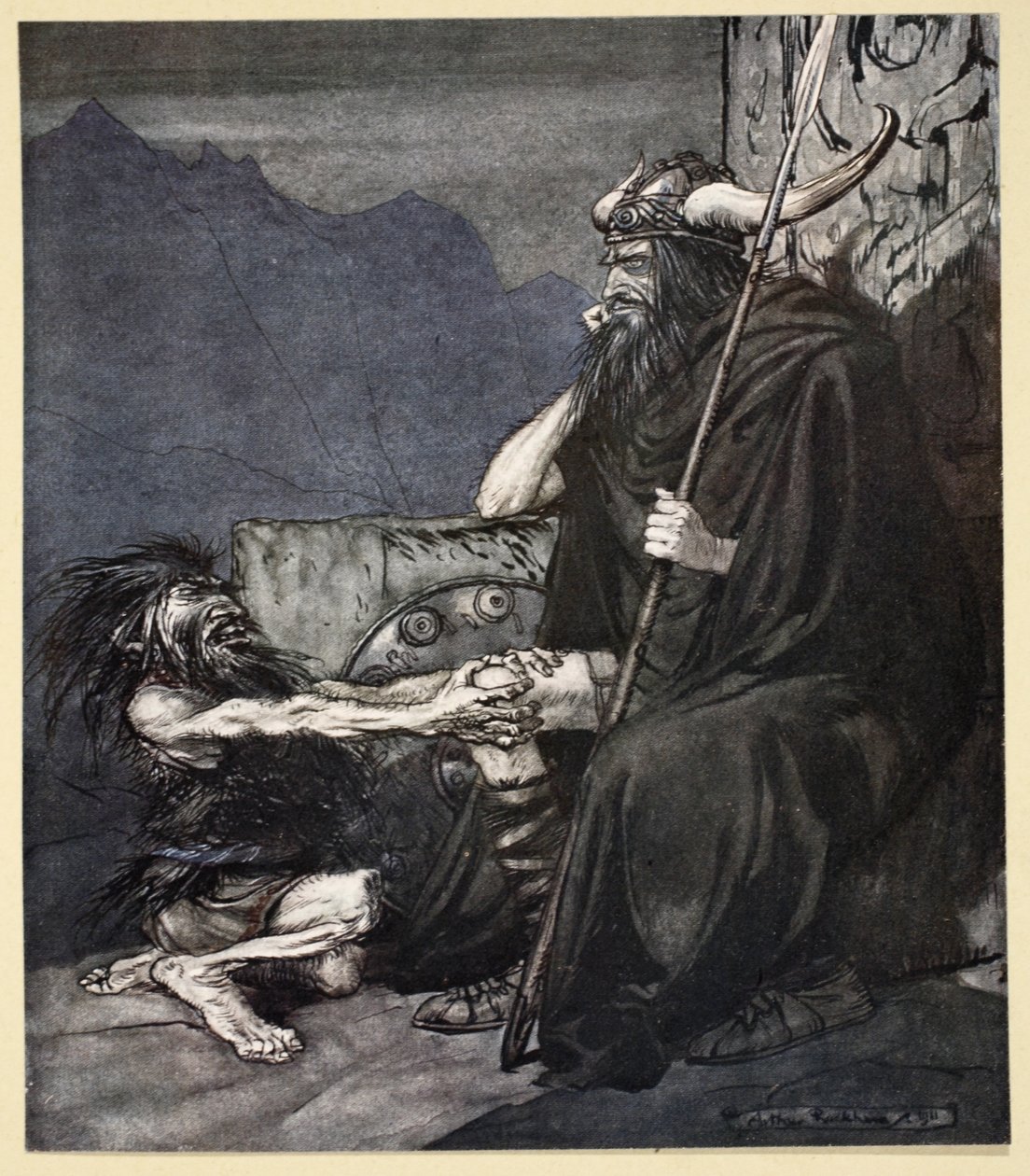 „Přísahej mi, Hagene, můj synu!“, ilustrace z „Siegfried a soumrak bohů“, 1924 od Arthur Rackham