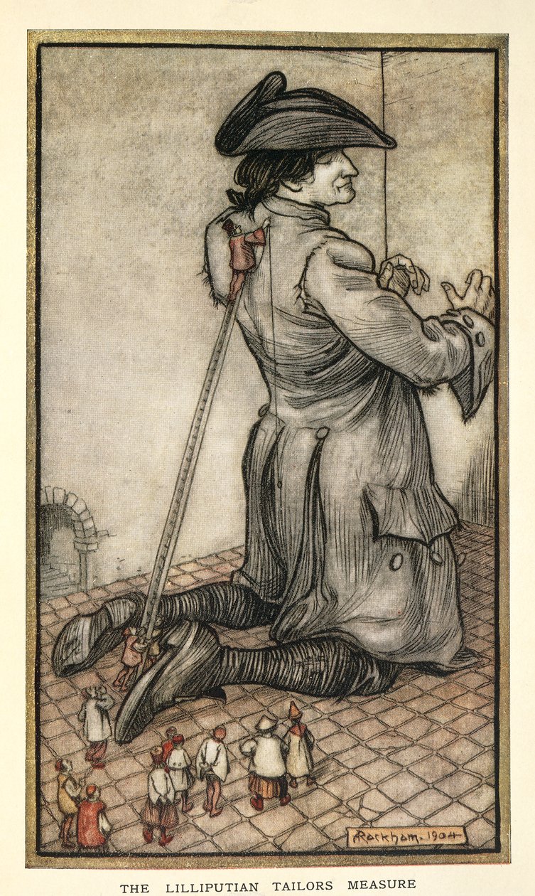 Krejčí z Lilliputu měří Gullivera, ilustrace z Gulliver