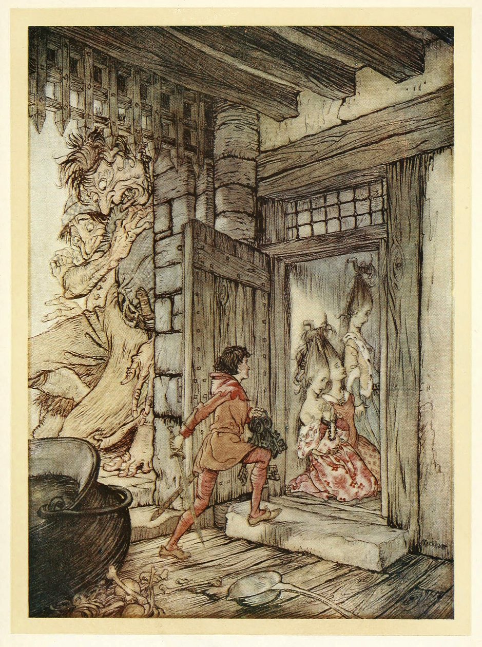 Jack vzal klíče od hradu a odemkl všechny dveře z hospody English Fairy Tales. 1922 od Arthur Rackham