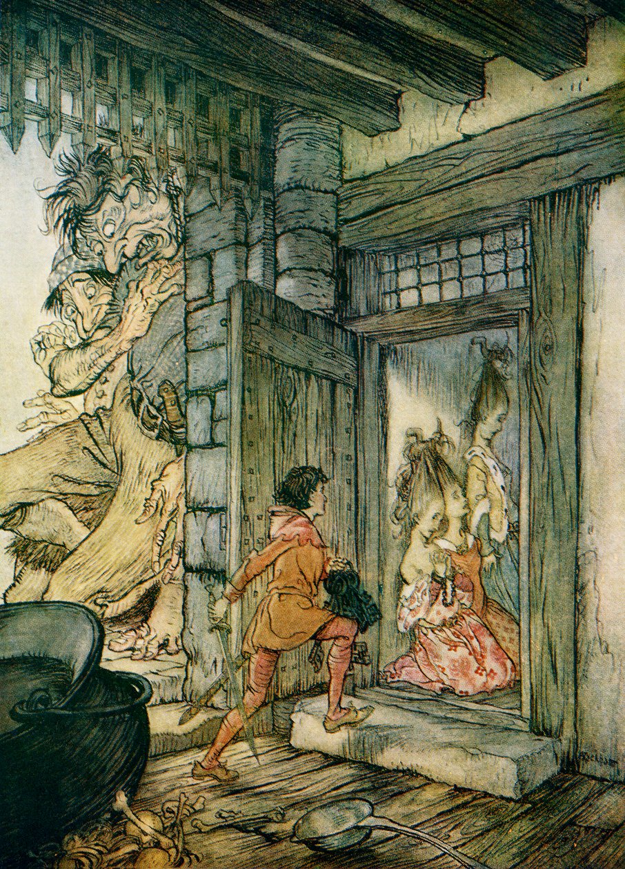 Jack vzal klíče od hradu a odemkl všechny dveře, ilustrace k filmu „Jack the Giant Killer“ z „Anglických pohádek převyprávěných F.A. Steelem“ od Arthur Rackham