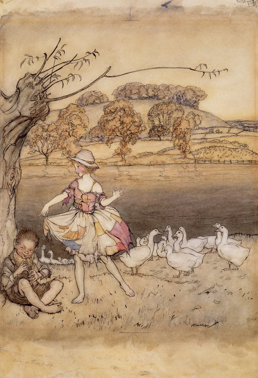 Tattercoats tančí, zatímco husí pastýři dýmky, ilustrace z anglických pohádek, převyprávěný F.A. Steelem, publikováno 1918 (pero a inkoust & wc na papíře) od Arthur Rackham