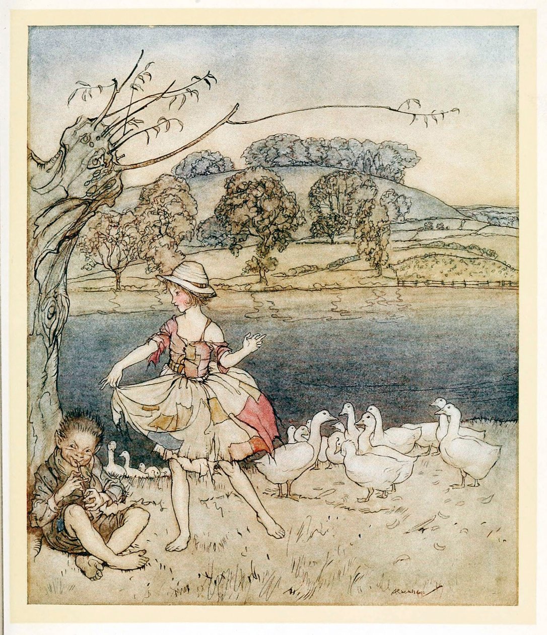 Tattercoats tančí, zatímco husí dýmky, z anglických pohádek, hospoda. 1922. od Arthur Rackham