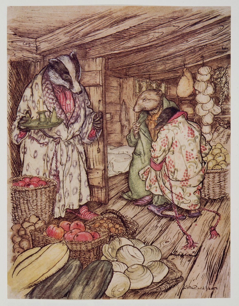 Zimní sklady Badgers, které byly skutečně vidět všude, zabíraly polovinu místnosti, hospoda Wind in the Willows od Kennetha Grahama (1859 - 1932). 1940 od Arthur Rackham