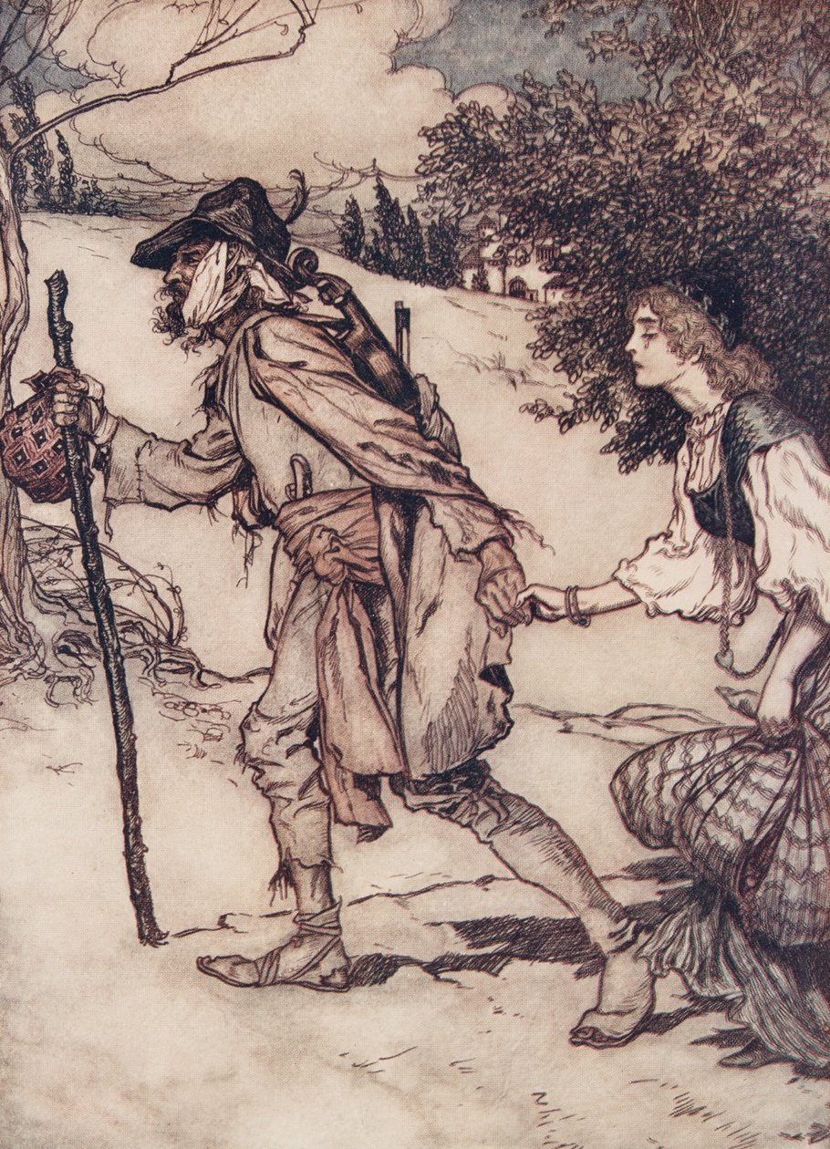 Žebrák ji vzal za ruku a vedl ji pryč z hospody Pohádky bratří Grimmů. 1909 od Arthur Rackham