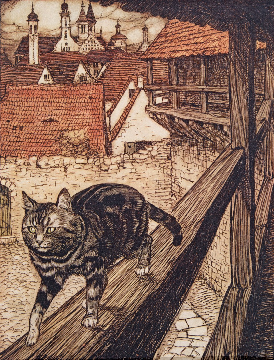 Kočka se ukradla za městskými hradbami do kostela .., z hospody Pohádky bratří Grimmů. 1909 od Arthur Rackham