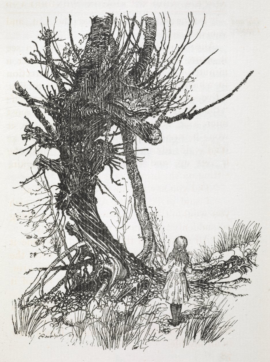 Cheshire Cat na stromě shlíží na Alici od Arthur Rackham