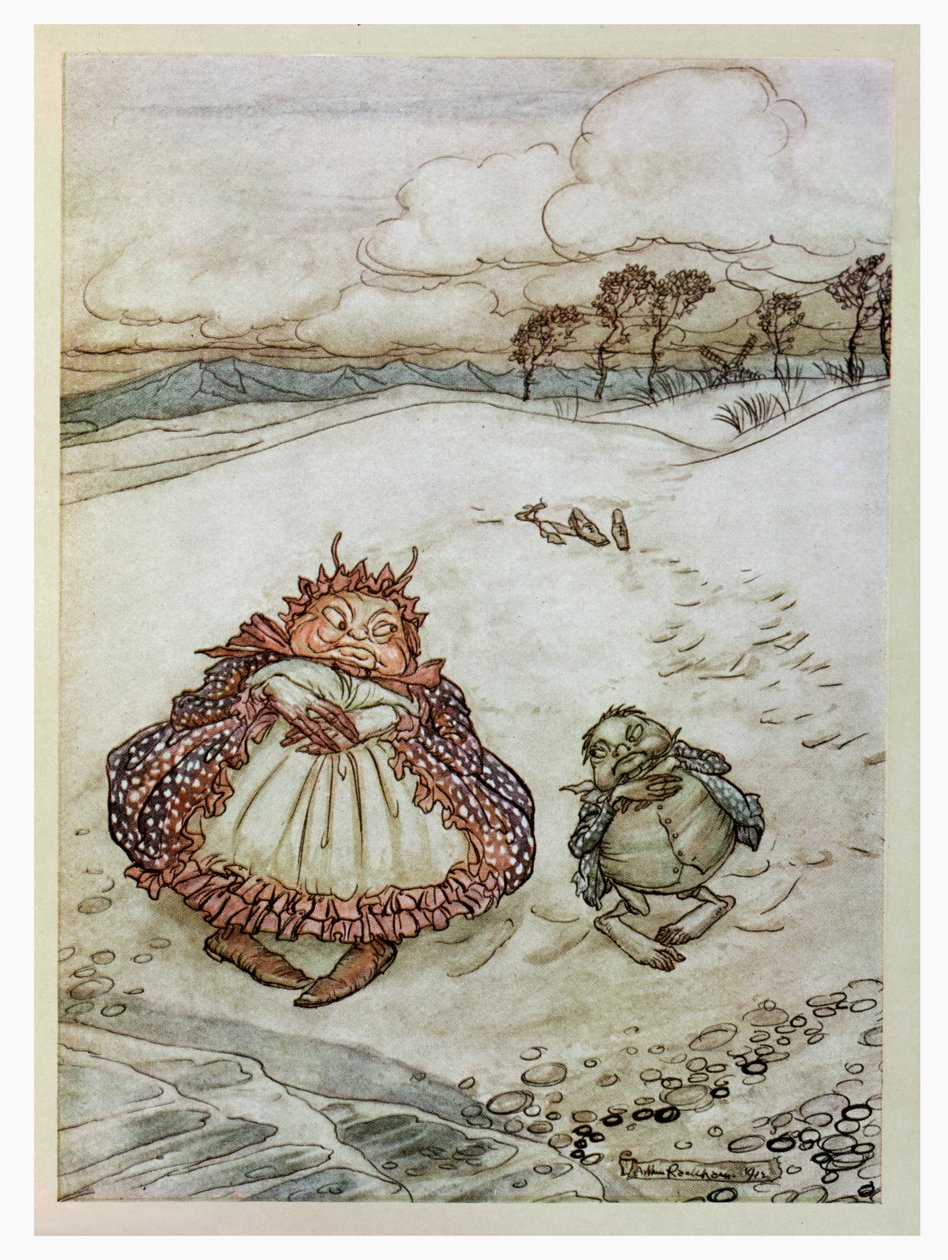 Krab a jeho matka, ilustrace z ‚Ezopových bajek‘, vydal Heinemann, 1912 od Arthur Rackham