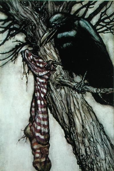 Vrána, ilustrace z „Petra Pana“ od J. M. Barrieho (1860-1937) (barevné lito) od Arthur Rackham