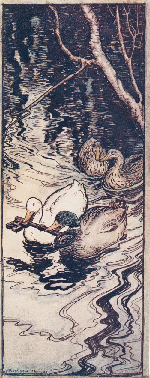 Kachny, které kdysi zachránil, se potopily a vynesly z hlubin klíč od Pohádek bratří Grimmů, pub. 1909 od Arthur Rackham