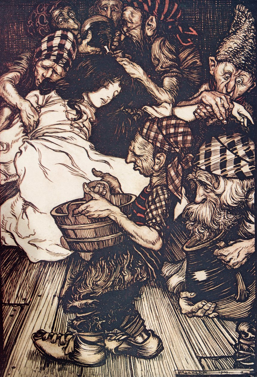 Trpaslíci, když večer přišli, našli na zemi ležet Sněženku, z hospody Pohádky bratří Grimmů. 1909 od Arthur Rackham