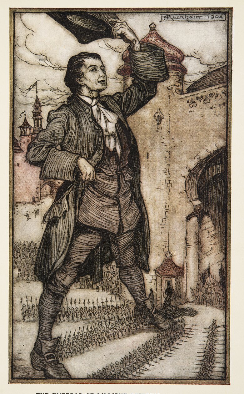 Císař z Lilliputu hodnotí své jednotky, z Gulliverových cest od Jonathona Swifta (1667 - 1745), hospoda. 1909 (barevné lito) od Arthur Rackham