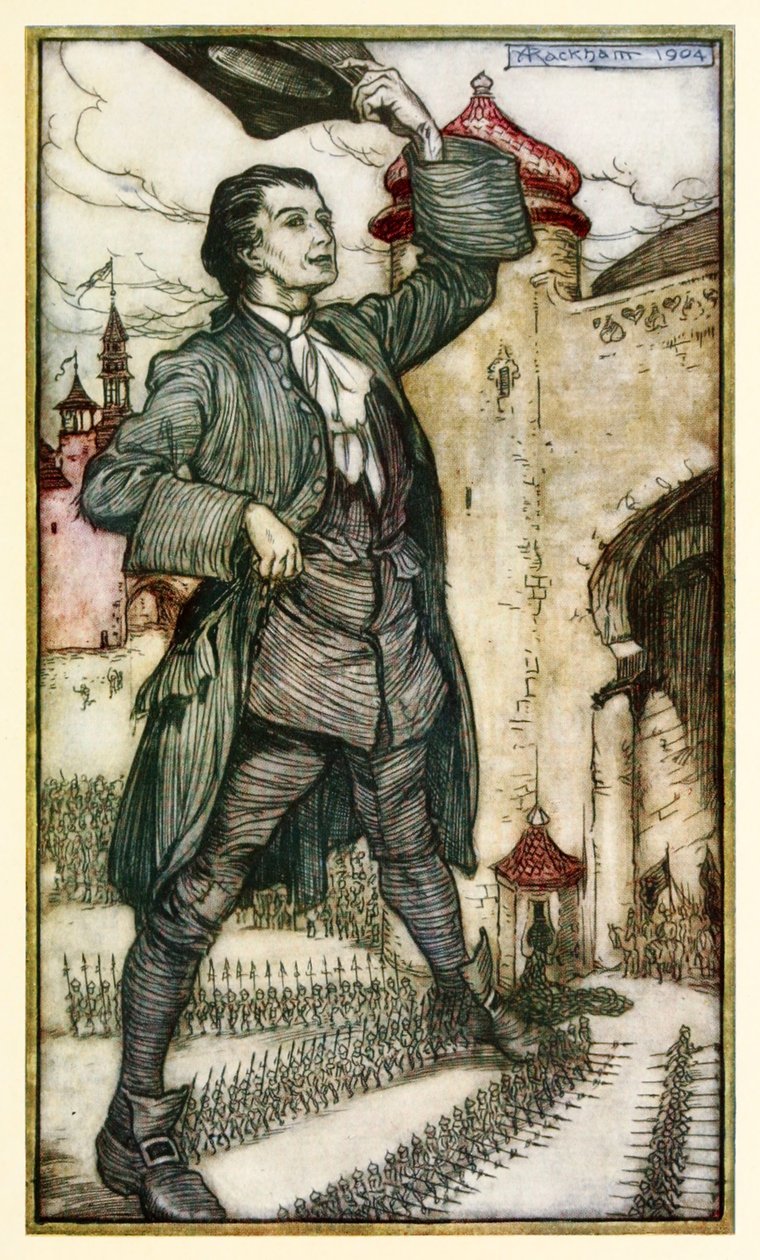 Císař z Liliputu hodnotí své vojáky z části I: Cesta do Liliputu v knize Gullivers Travels od Jonathana Swifta od Arthur Rackham