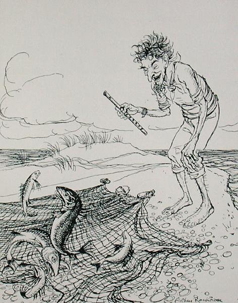 Rybář píská, ilustrace z "Ezopových bajek", vydaných nakladatelstvím Heinemann od Arthur Rackham