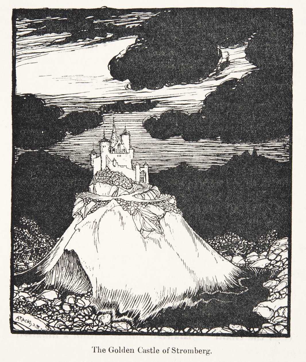 Zlatý zámek Stromberg, z Pohádek bratří Grimmů, hospoda. 1909 od Arthur Rackham