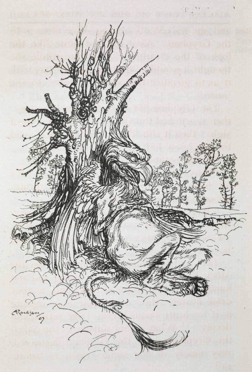 Gryphon sedí proti stromu od Arthur Rackham