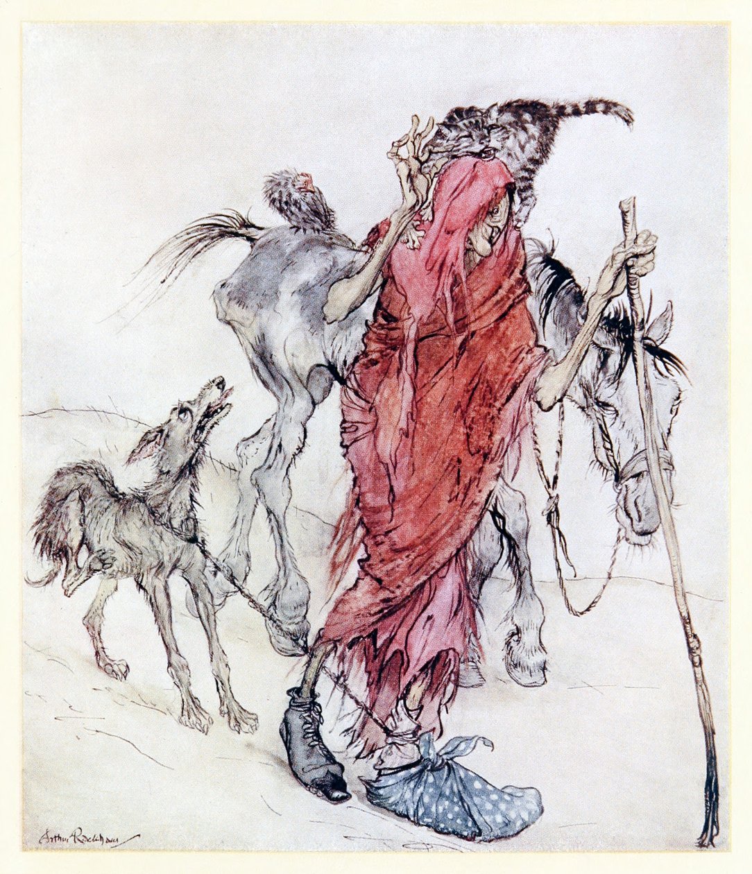 The Hag of the Mill byla kostnatá, tenká tyč ježibaby s podivnými chodidly. z Mongans Frenzy v irských pohádkách od Arthur Rackham