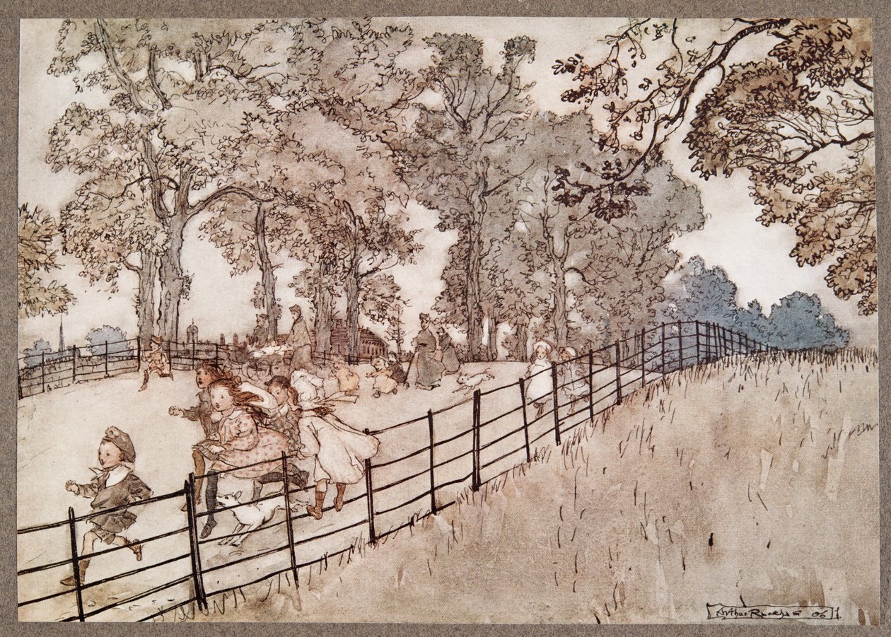The Hump, což je část Broad Walk, kde se jezdí všechny velké závody, od Petera Pana v Kensington Gardens od J. M. Barrieho (1860 - 1937), hospoda. 1906 od Arthur Rackham
