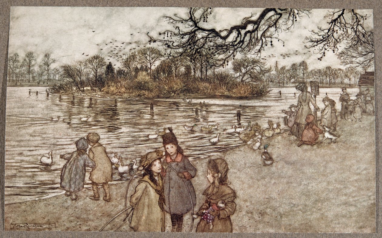 Ostrov, na kterém se rodí všichni ptáci, ze kterých se stali chlapci a holčičky, od Petera Pana v Kensington Gardens od J. M. Barrieho (1860 - 1937), hospoda. 1906 od Arthur Rackham