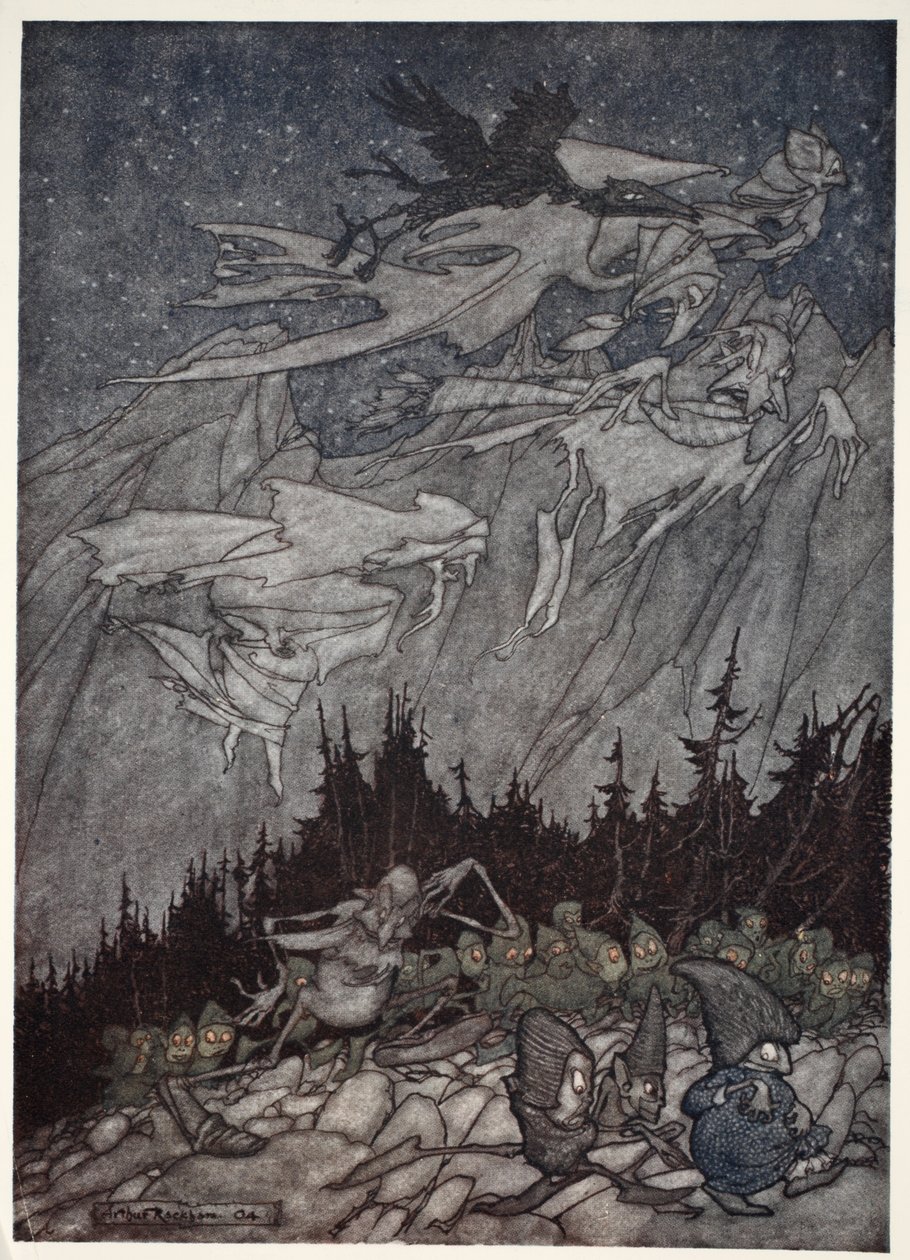 Pohoří Kaatskill bylo vždy pronásledováno podivnými bytostmi., od Rip Van Winkle od Washington Irving, hospoda. 1910 od Arthur Rackham