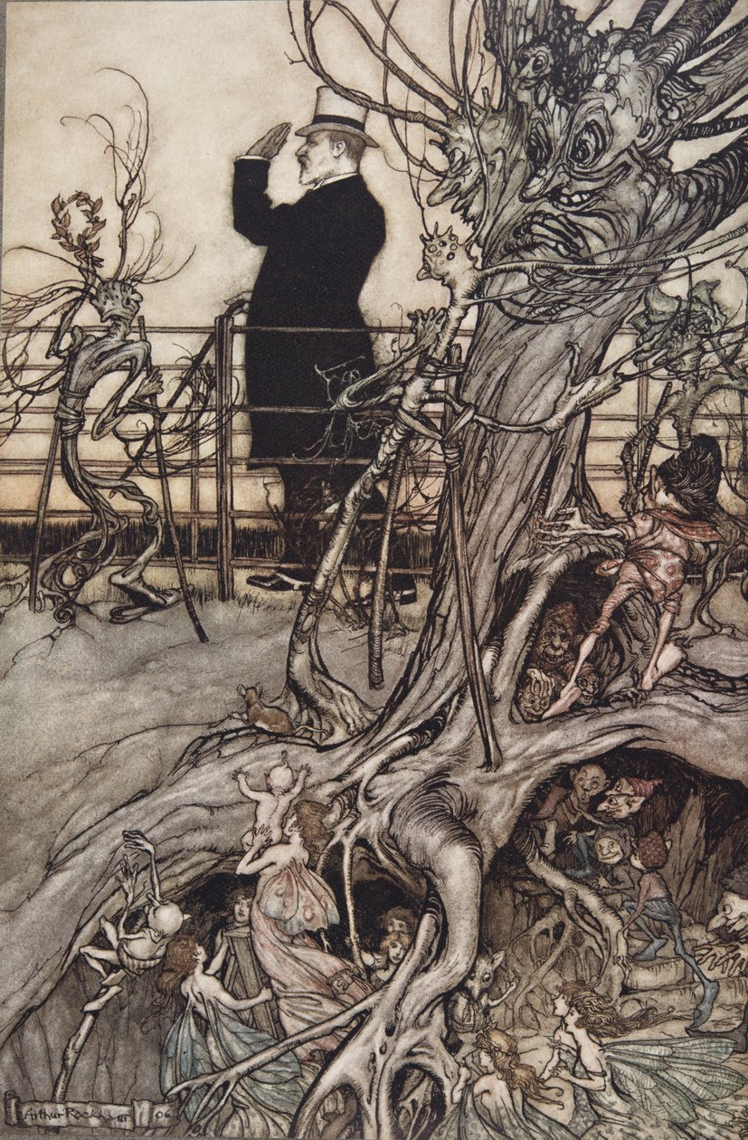 Kensingtonské zahrady jsou v Londýně, kde žije král...“, od Petera Pana v Kensington Gardens od J. M. Barrieho (1860 - 1937), pub. 1906 (barevné lito) od Arthur Rackham