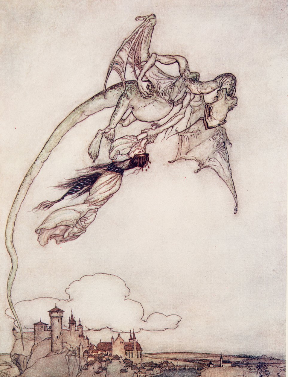 Jediná dcera králů byla unesena drakem z hospody Pohádky bratří Grimmů. 1909 od Arthur Rackham